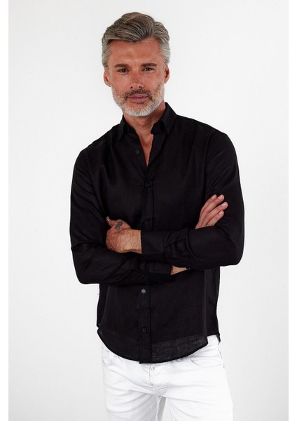 Erkek Klasik Uzun Kol Polo Yaka Keten Açık Mavi Gömlek fırsatları