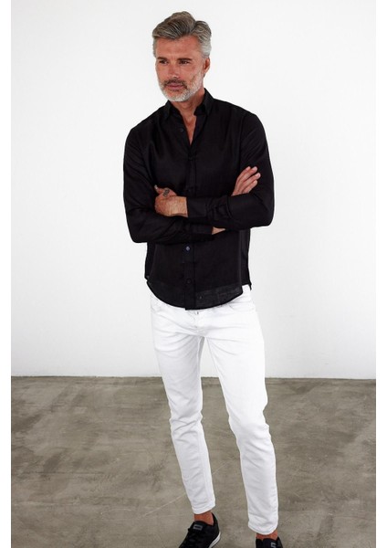 Erkek Klasik Uzun Kol Polo Yaka Keten Açık Mavi Gömlek indirimleri