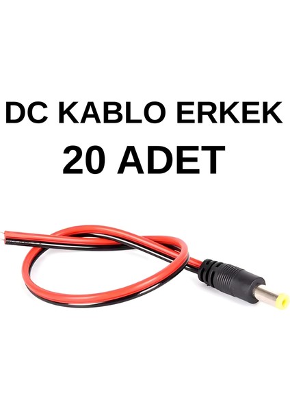 5.5x2.1 mm Erkek Dc Adaptör Kablosu 20 cm (20 Adet) - 12V Kamera LED Uyumlu Güç Kablosu