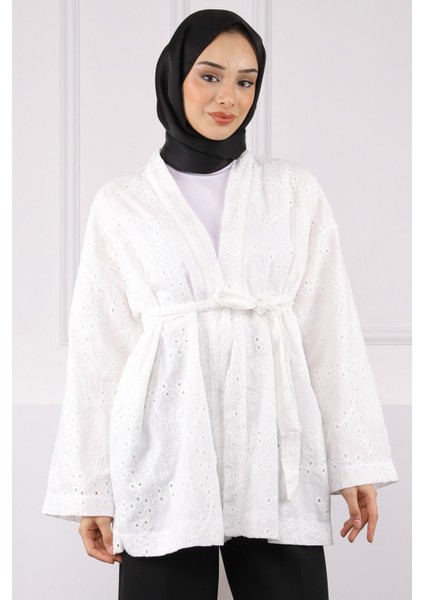 Ekru Bel Kuşaklı Kimono