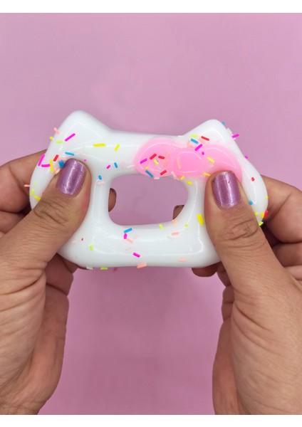 Fiyonklu Donut Taba Squishy Kedi Pati Sıkma 7 cm Pullu Pati Sukuşi - Pembe