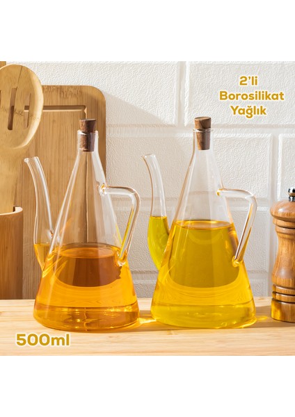 17558 2li Kapaklı Ölçekli Cam Yağlık Sirkelik Yağdanlık 500ML