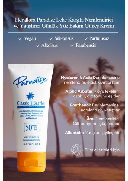 Yüz Güneş Kremi 50 Spf Leke Karşıtı, Nemlendirici, Yatıştırıcı - Paradise fiyatları