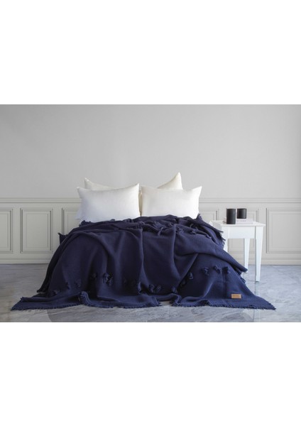 Plume Ponponlu Yatak Örtüsü - Lacivert