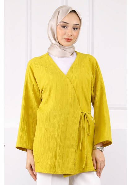 Yağ Yeşili Yan Bağlamalı Kimono