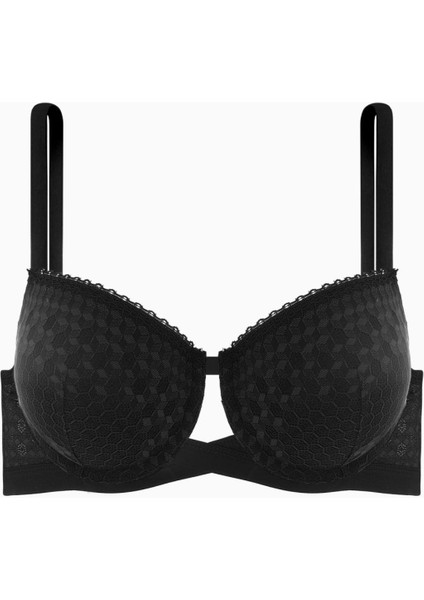 Çapraz Lastik Detaylı Dantelli Dekolte Sütyen - Double Push Up - Fashion - 2510 - Siyah