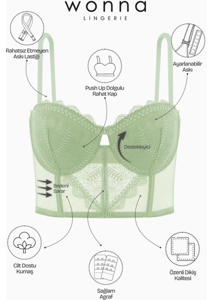Fashion 2501 Rosali Soft Push Up Dolgulu Dantelli Büstiyer Sütyen Yeşil indirimleri