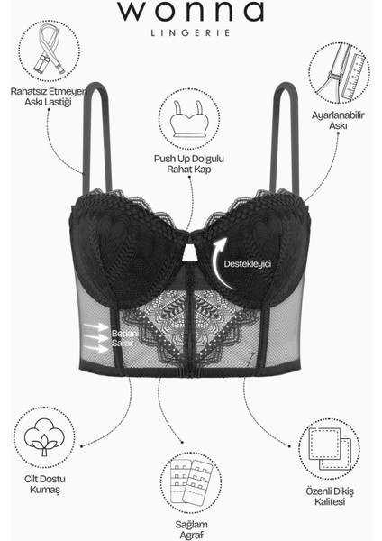 Fashion 2501 Rosali Soft Push Up Dolgulu Dantelli Büstiyer Sütyen Siyah indirimleri