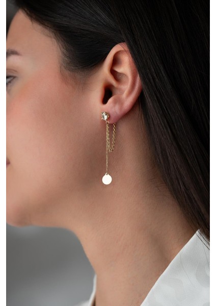 925 Ayar Gümüş Gold Kaplama 5 mm Tektaş Sallantılı Zincir Sade Yuvarlak Model Küpe