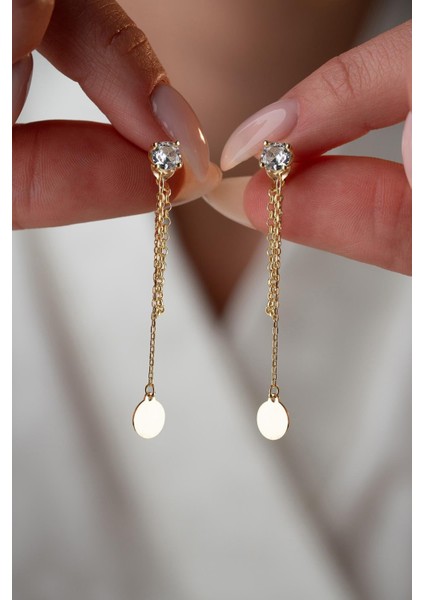 925 Ayar Gümüş Gold Kaplama 5 mm Tektaş Sallantılı Zincir Sade Yuvarlak Model Küpe fiyatları