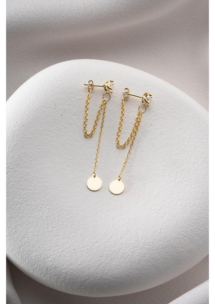 925 Ayar Gümüş Gold Kaplama 5 mm Tektaş Sallantılı Zincir Sade Yuvarlak Model Küpe modelleri