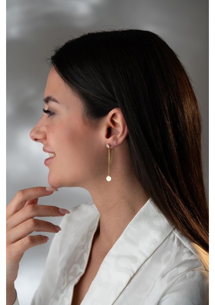 925 Ayar Gümüş Gold Kaplama 5 mm Tektaş Sallantılı Zincir Sade Yuvarlak Model Küpe fırsatları