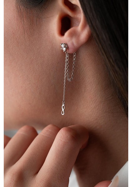 925 Ayar Gümüş Rodyum Kaplama 5 mm Tektaş Sallantılı Zincir Sonsuzluk Model Küpe