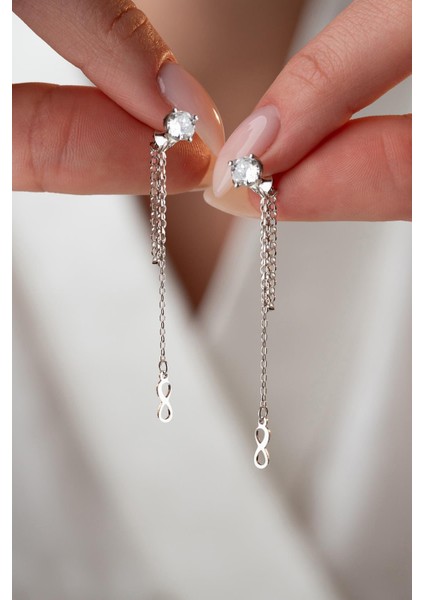 925 Ayar Gümüş Rodyum Kaplama 5 mm Tektaş Sallantılı Zincir Sonsuzluk Model Küpe fiyatları