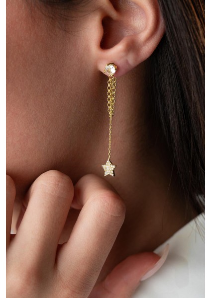 925 Ayar Gümüş Gold Kaplama 5 mm Tektaş Sallantılı Zincir Zirkon Taşlı Yıldız Küpe