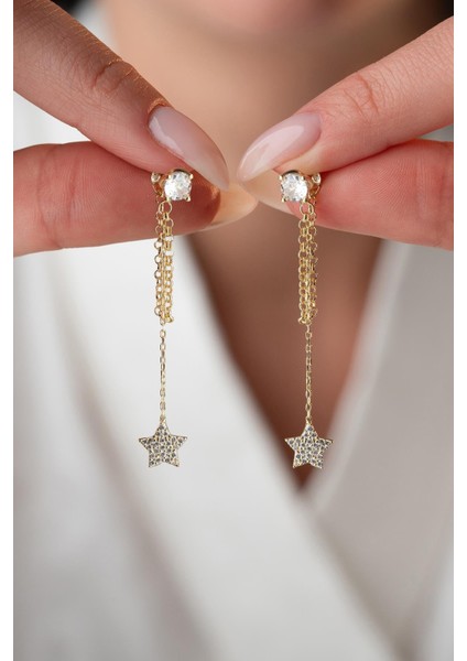 925 Ayar Gümüş Gold Kaplama 5 mm Tektaş Sallantılı Zincir Zirkon Taşlı Yıldız Küpe fiyatları