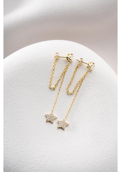 925 Ayar Gümüş Gold Kaplama 5 mm Tektaş Sallantılı Zincir Zirkon Taşlı Yıldız Küpe modelleri