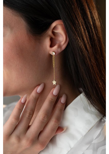 925 Ayar Gümüş Gold Kaplama 5 mm Tektaş Sallantılı Zincir Zirkon Taşlı Yıldız Küpe indirimleri