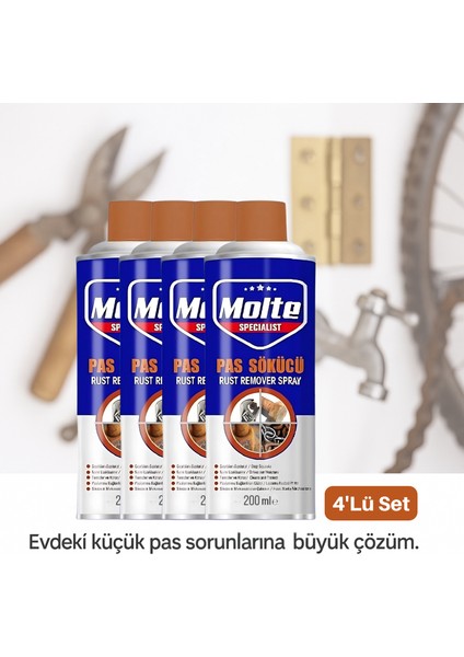 200ML 4’lü Pas Sökücü Ev Sprey Seti – Bahçe Makası, Menteşe ve Musluk Gibi Günlük Metal Alanlarda Kolay Temizlik Etkisi