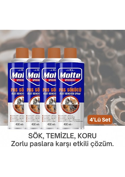 400ML 4’lü Endüstriyel Pas Çözücü Sprey Seti – Somun, Vida ve Motor Parçaları Için Uzun Süreli Koruma Sağlayan Bakım Spreyi