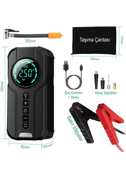 Powerbank Araç Akü Şarj Lastik Hava Kompresörü Şişirici Taşınabilir Dijital Kablosuz El Feneri modelleri