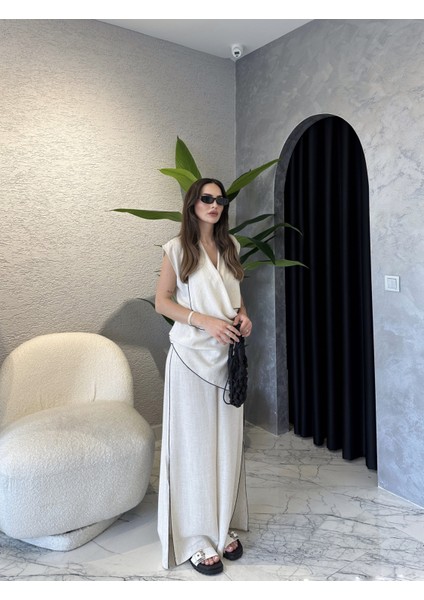 Yırtmaç Paça Keten Kimono Yelekli Takım fiyatları