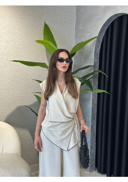 Yırtmaç Paça Keten Kimono Yelekli Takım modelleri