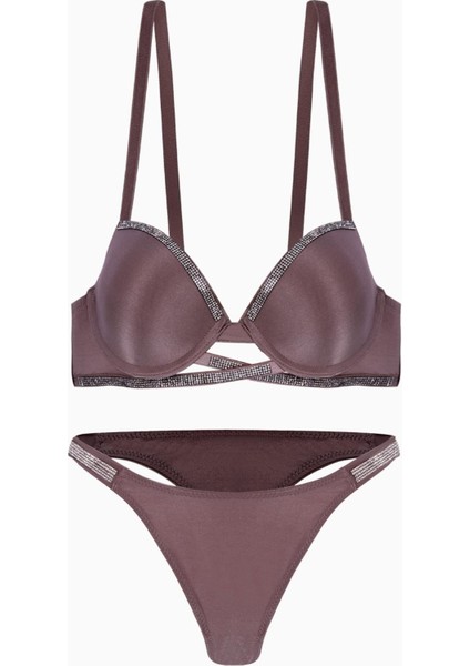 Noa 2572 Kahve Taşlı Şerit Detaylı Mikro Kumaş Dolgulu Iç Çamaşır Takımı