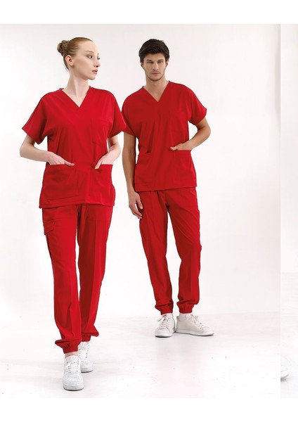 Kırmızı Jogger Scrubs Lüks Likralı Greys Takım