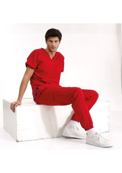 Kırmızı Jogger Scrubs Lüks Likralı Greys Takım fiyatları