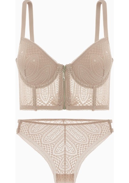 Noa Dantelli Büstiyer Sütyen Külot Takım - Push Up, Dolgulu - Fashion - 2509 - Pudra
