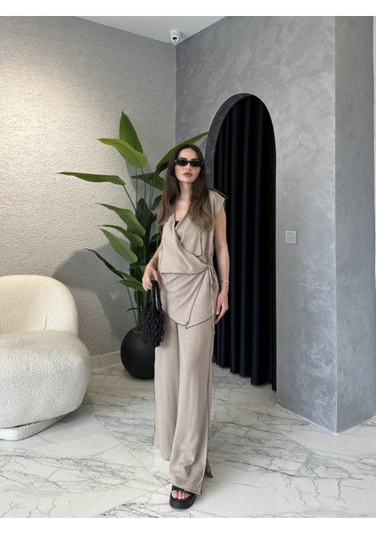Yırtmaç Paça Keten Kimono Yelekli Takım