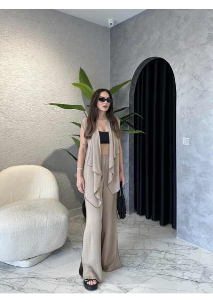 Yırtmaç Paça Keten Kimono Yelekli Takım fiyatları