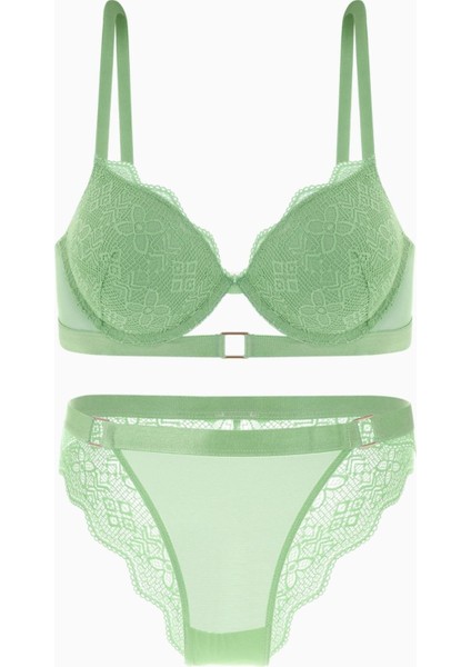 Andes Metal Aksesuarlı Dantelli Sütyen Külot Takım - Ekstra Push Up, Dolgulu - 2576 - Yeşil