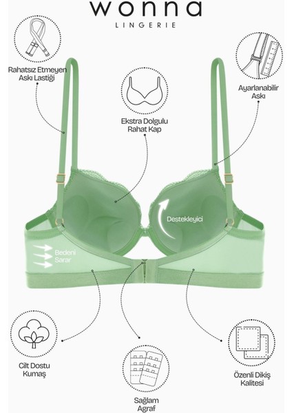 Andes Metal Aksesuarlı Dantelli Sütyen Külot Takım - Ekstra Push Up, Dolgulu - 2576 - Yeşil indirimleri