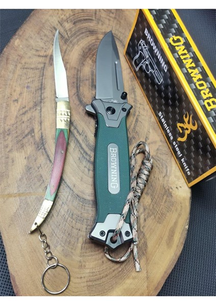 Kamp Outdoor 21 cm Yeşil Ipli Browning Avcı Çakısı ve Kılçık Çakı Seti