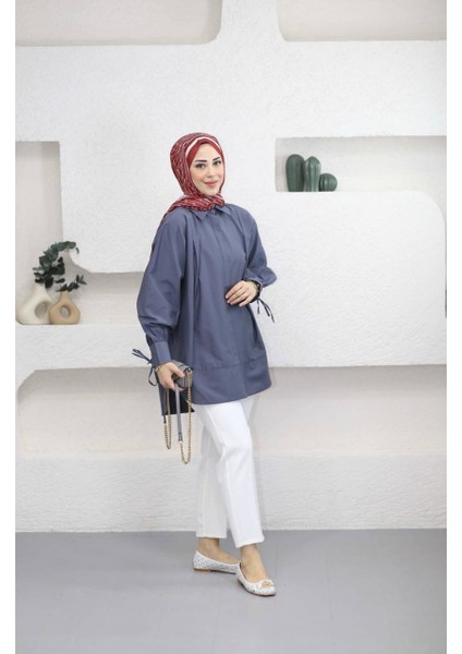 8511 - Poplin Pileli Gizli Düğmeli Kadın Gömlek