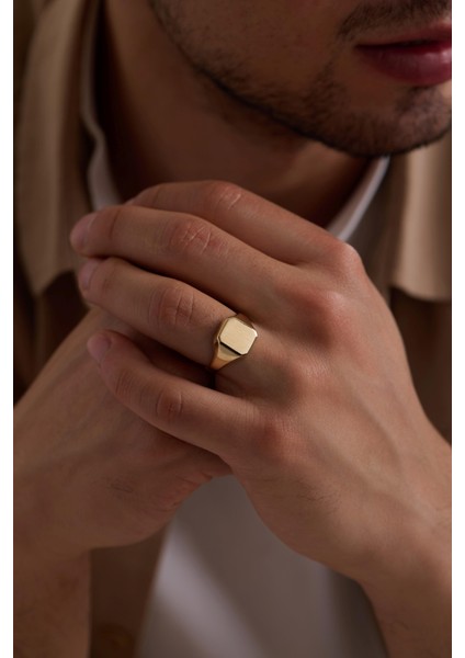 14 Ayar Kare Plaka Erkek Altın Yüzük