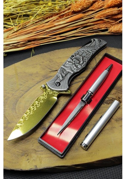 21 cm Gold Kuru Kafa Çakı ve Gizli Kalem Bıçak Seti