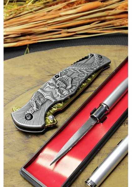 21 cm Gold Kuru Kafa Çakı ve Gizli Kalem Bıçak Seti