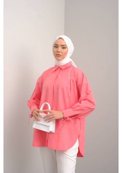 8511 - Poplin Pileli Gizli Düğmeli Kadın Gömlek