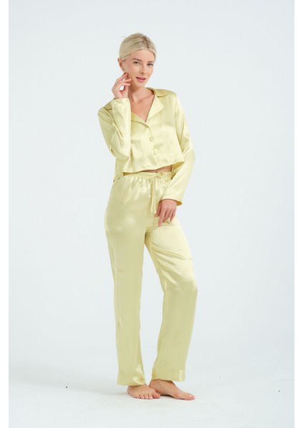 Kadın Yeşil Crop Saten Pijama Takımı Gömlek Yaka, Düğmeli, Şık Ev Giyim