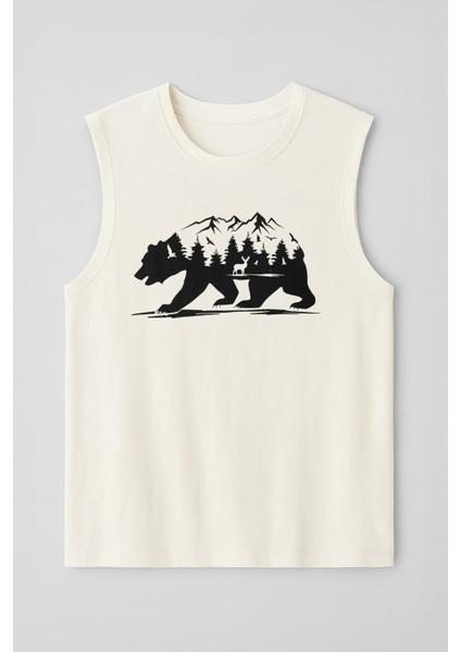 Erkek %100 Pamuk Bisiklet Yaka Bear Baskılı Kolsuz T-Shirt