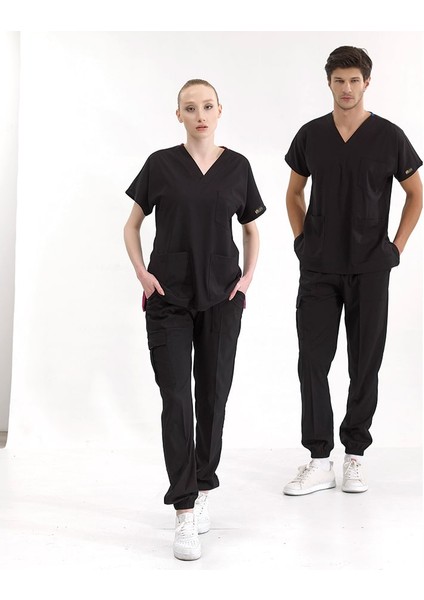Siyah Jogger Scrubs Lüks Likralı Greys Takım