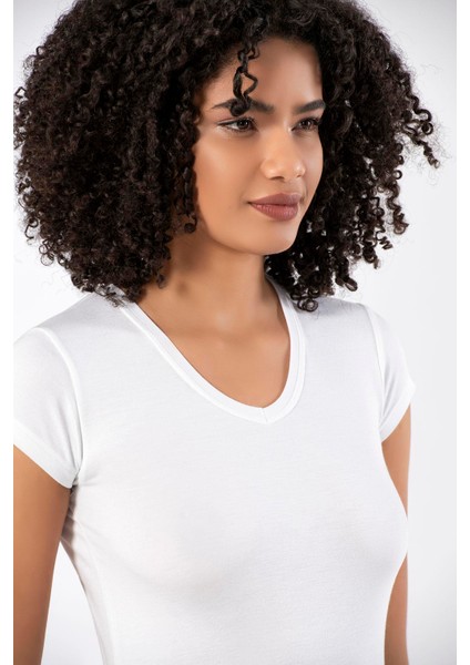 Beyaz Kadın Süper Ince Doğal Bambu Lüks Tişört 2315