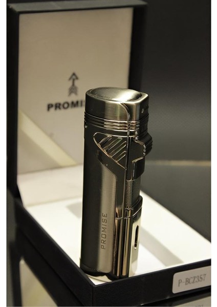 Promise 4 Torch/alevli ve Özel Kutulu Metal Puro Çakmağı (Gümüş Rengi)