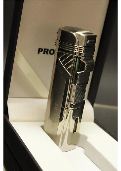 Promise 4 Torch/alevli ve Özel Kutulu Metal Puro Çakmağı (Gümüş Rengi)