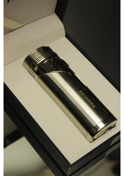 Promise 4 Torch/alevli ve Özel Kutulu Metal Puro Çakmağı (Gümüş Rengi)
