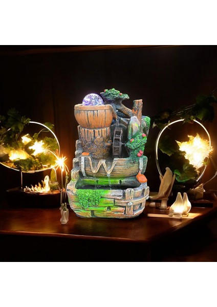 LED Işıklı Ahşap Varil Temalı Şelale Masa Süs Havuzu