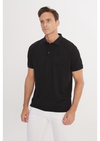 AC&Co / Altınyıldız Classics Erkek Çekmeyen Pamuklu Kumaş Regular Fit Rahat Kesim Koyu Siyah Kıvrılmaz Polo Yaka Cepli Tişört fırsatları
